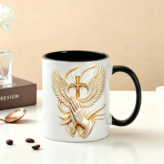 Praying Hands Angel Wings Cross Ceramic Mug