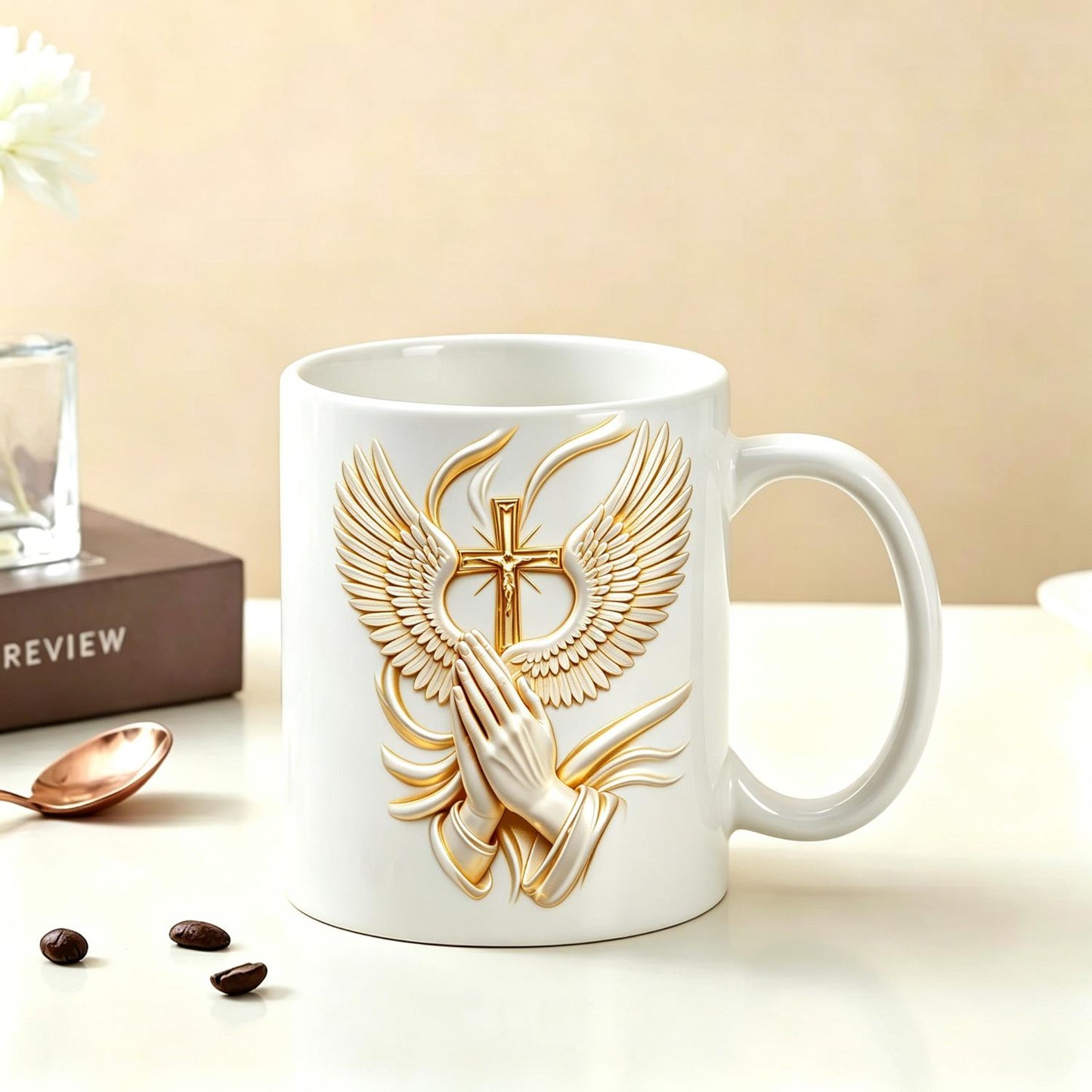 New Religious Prayer Hand Angel Wings Cross Print Reusable Coffee Cups 11Oz Ceramic Mug