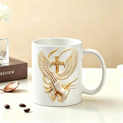 New Religious Prayer Hand Angel Wings Cross Print Reusable Coffee Cups 11Oz Ceramic Mug