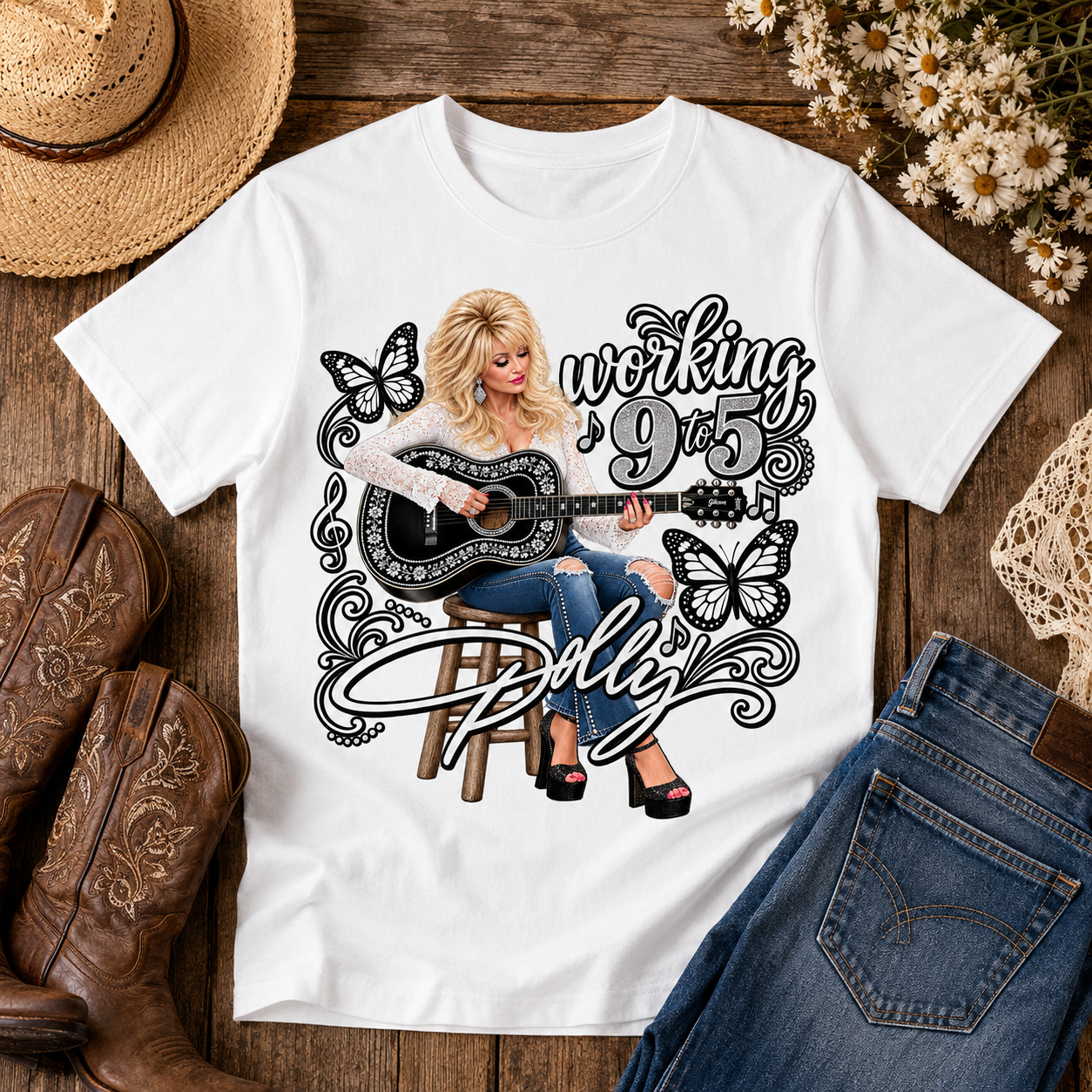 Working 9 to 5 Vintage Country Music T-Shirt – Western Butterfly Graphic Tee