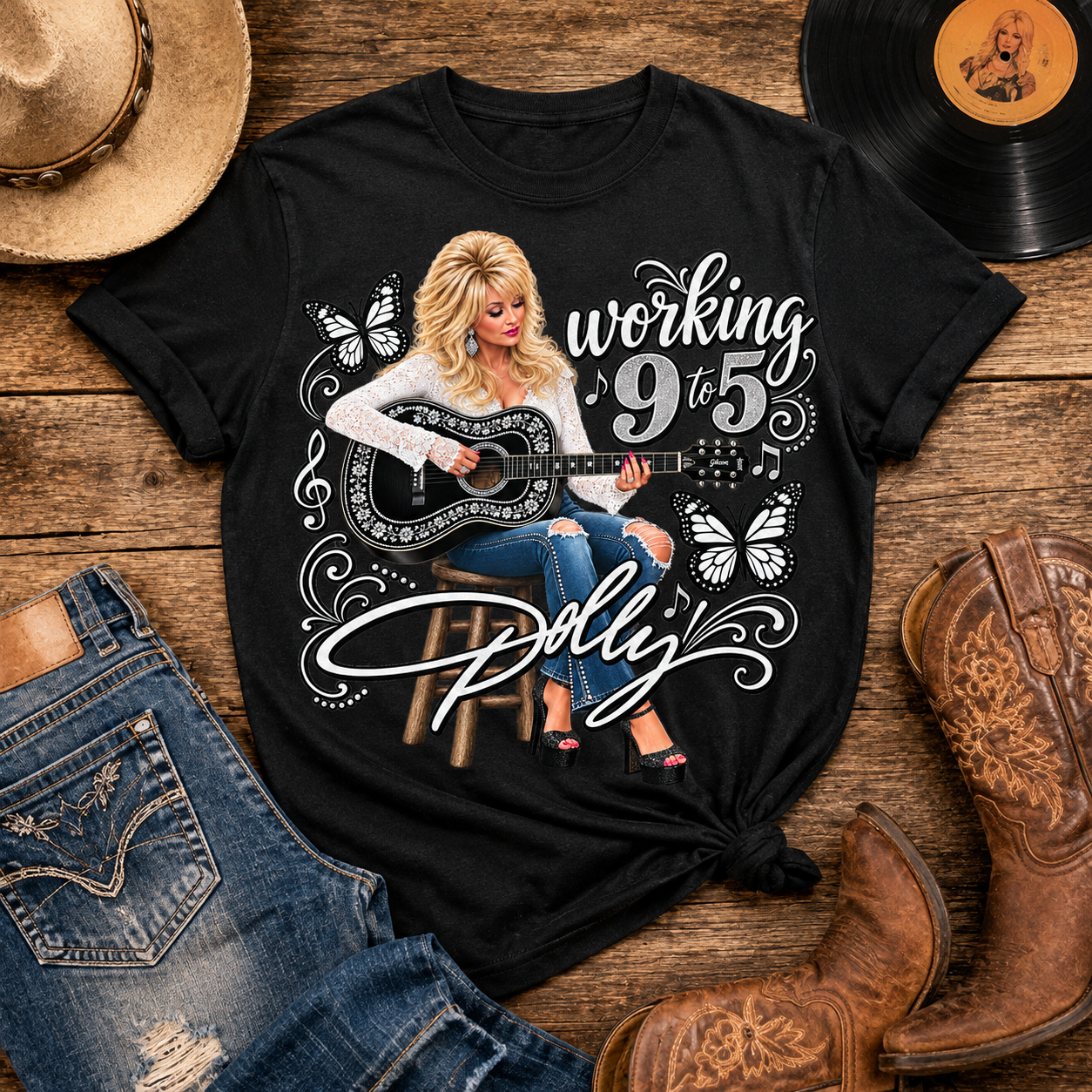 Working 9 to 5 Vintage Country Music T-Shirt – Western Butterfly Graphic Tee