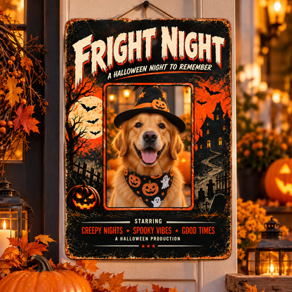 FRIGHT NIGHT Halloween photo metal sign with a golden retriever in a witch hat