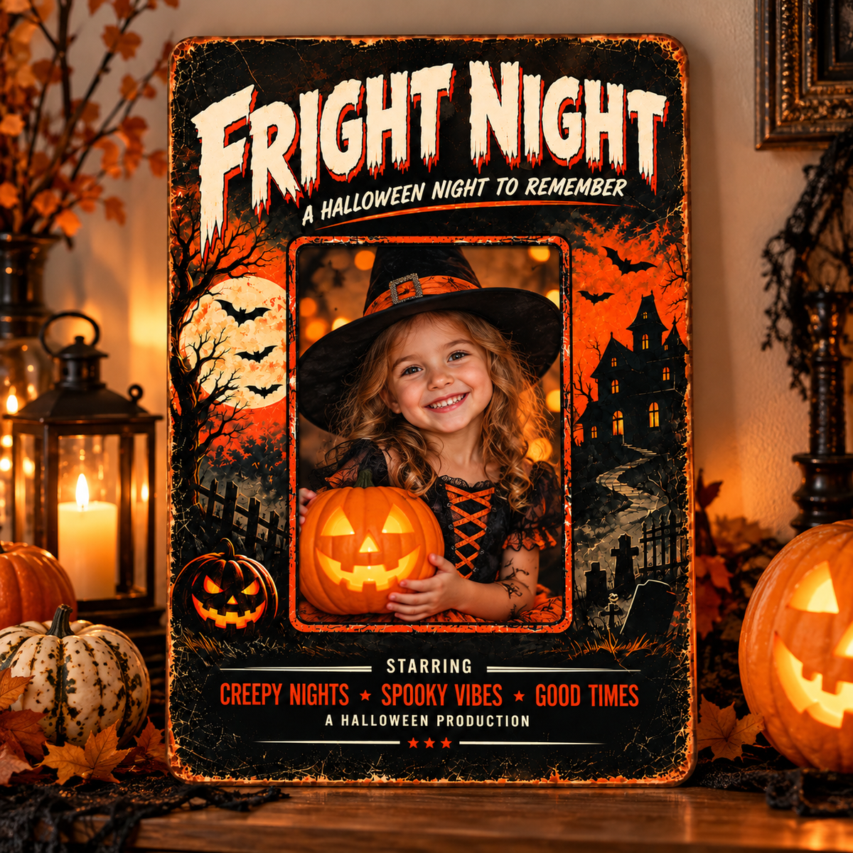 FRIGHT NIGHT Halloween photo metal sign featuring a child in a witch costume
