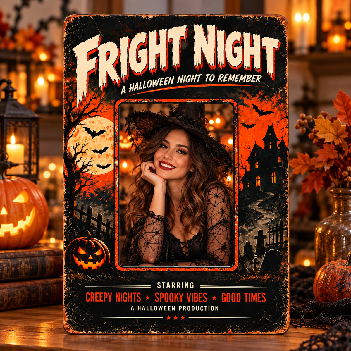 FRIGHT NIGHT Halloween photo metal sign featuring a woman in a witch costume