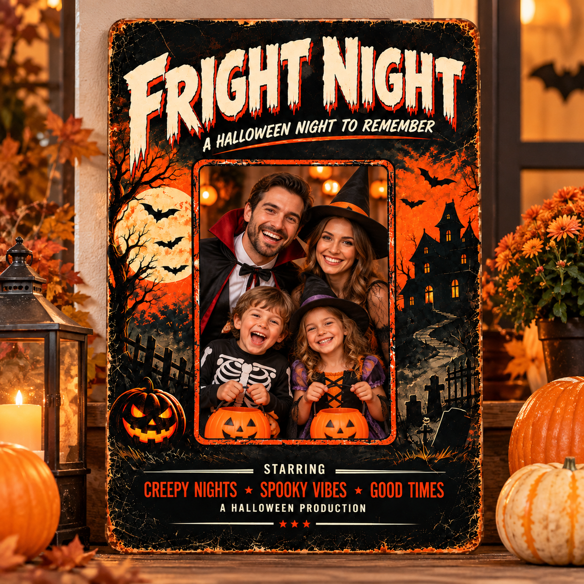 FRIGHT NIGHT personalized Halloween metal sign with a family in costumes
