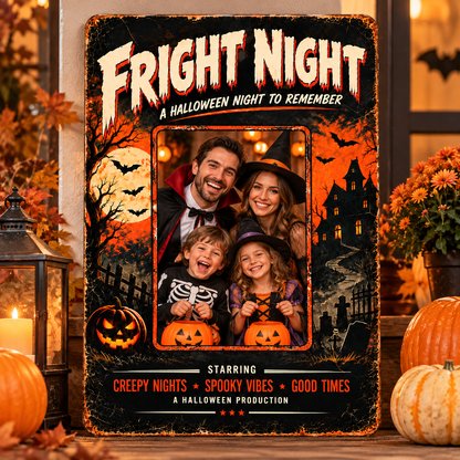 FRIGHT NIGHT personalized Halloween metal sign with a family in costumes