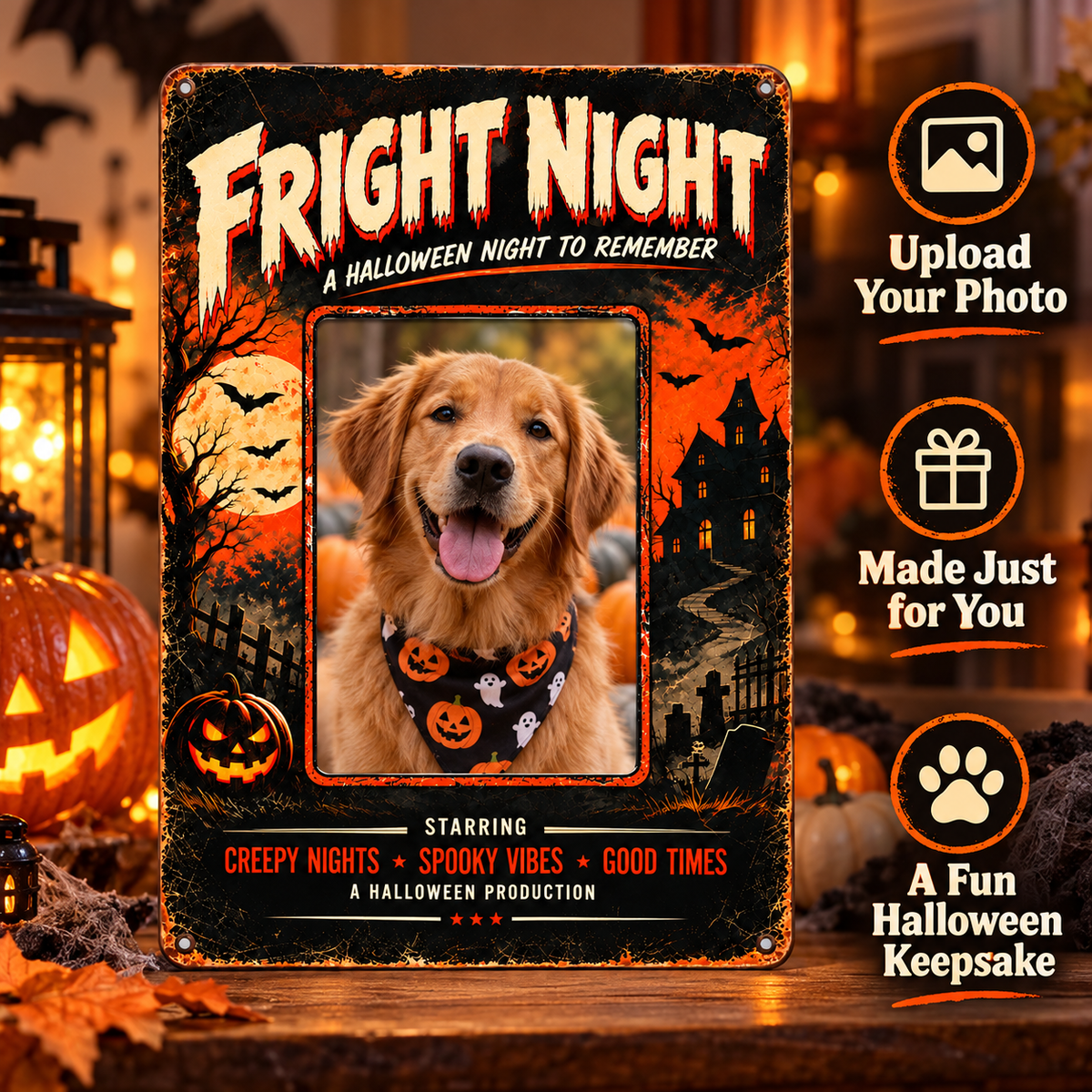 FRIGHT NIGHT dog photo metal sign with upload and gift feature callouts