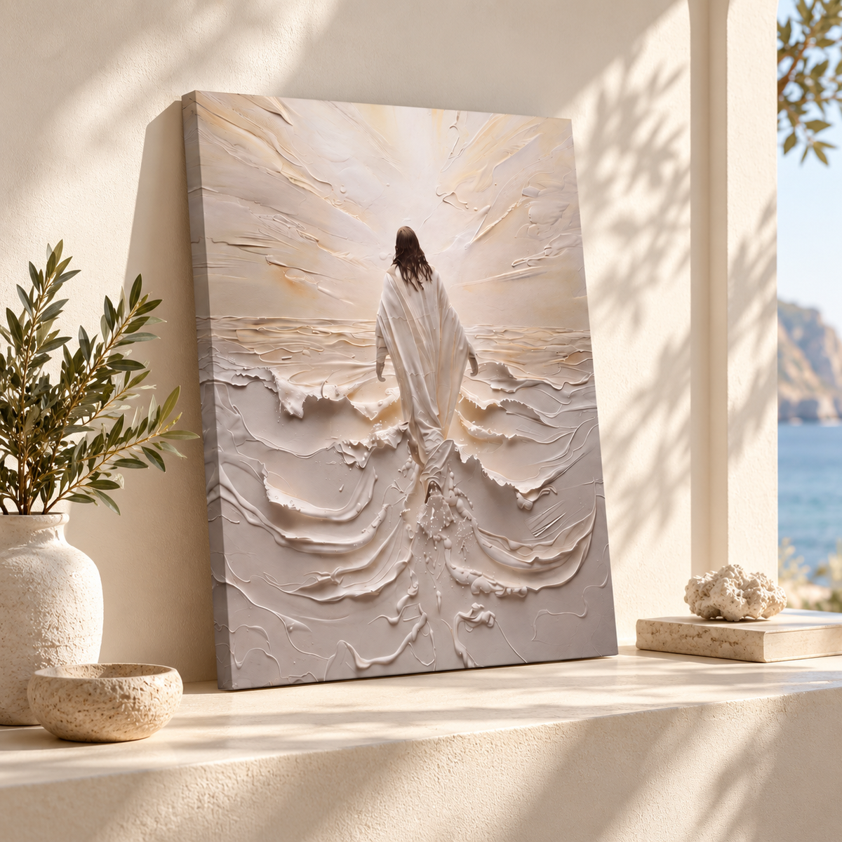 Jesus walking on water Christian canvas art on an interior ledge