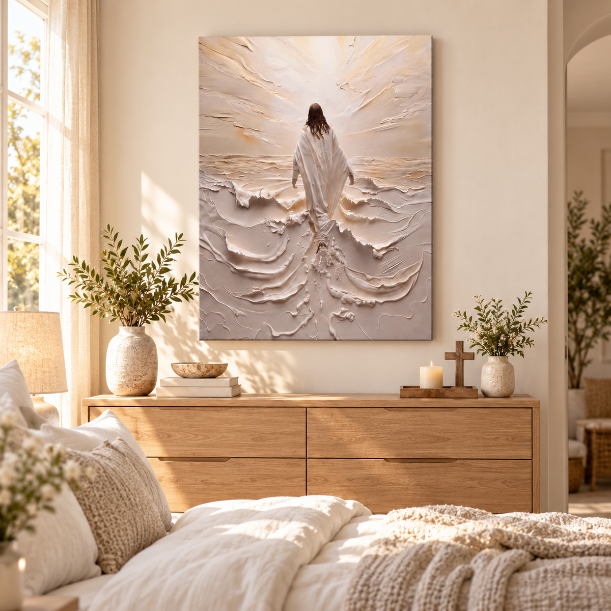 Jesus walking on water canvas displayed above a bedroom dresser