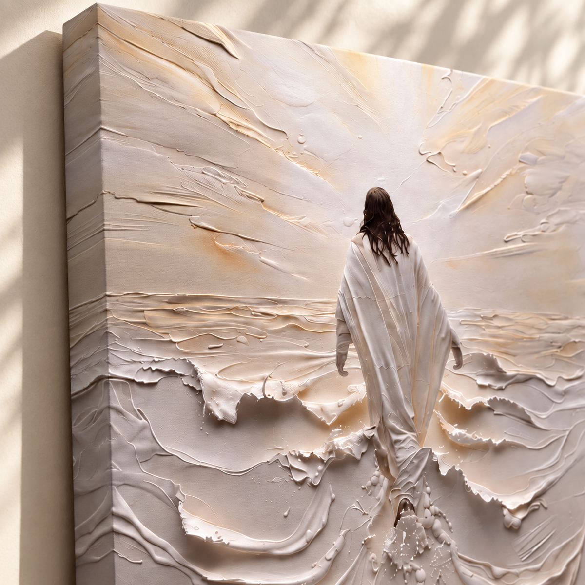 Jesus canvas side profile showing frame depth and textured waves