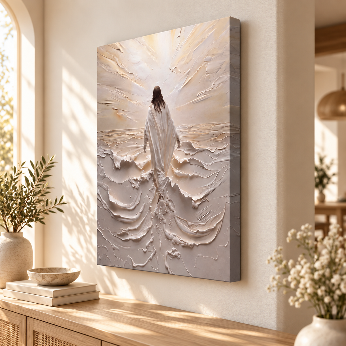 Jesus walking on water canvas close-up with impasto texture