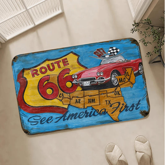 Vintage Route 66 Car Flannel Mat
