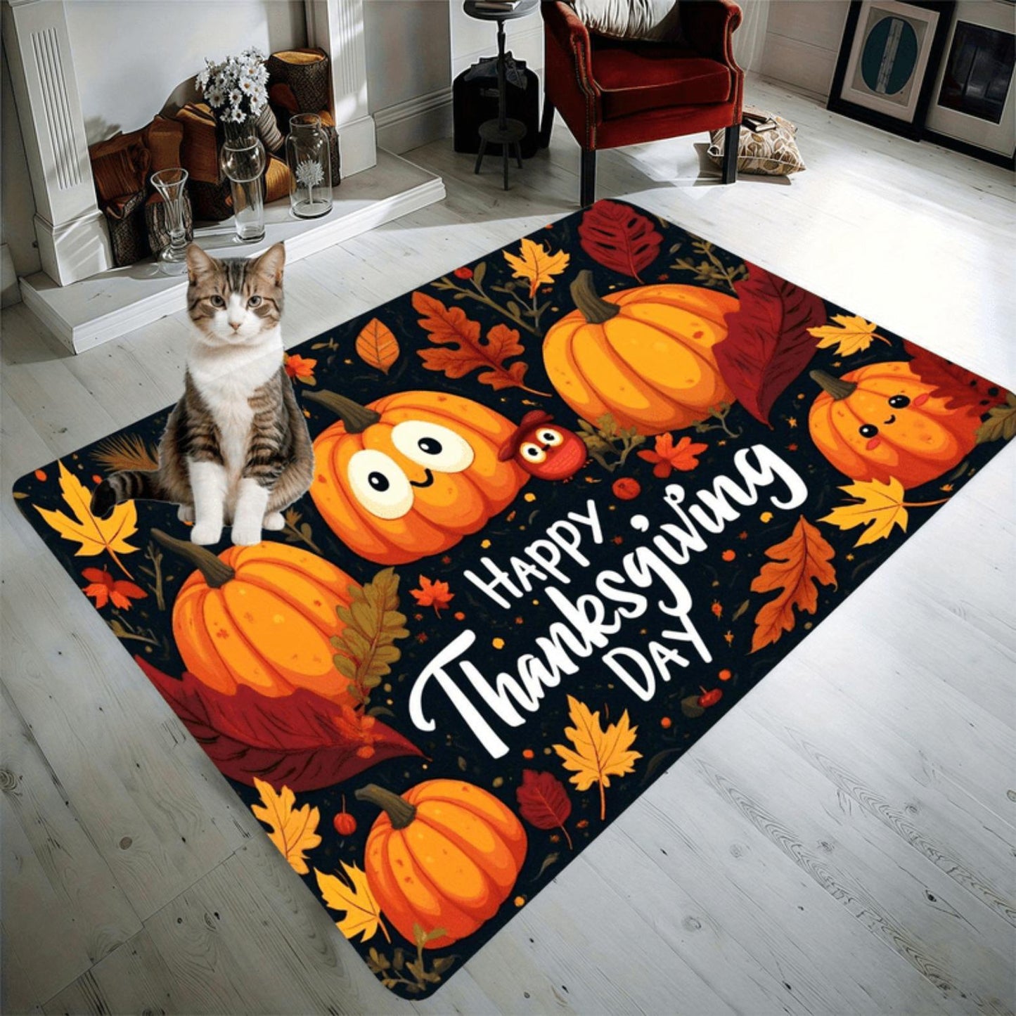 Thanksgiving Pumpkin Pattern Non-Slip Flannel Floor Mat - Machine Washable Rectangular Mat with Autumn Leaves and "Happy Thanksgiving" Text for Entryway, Bedroom, Office Decor, Modern Living Room Mat, Holiday.