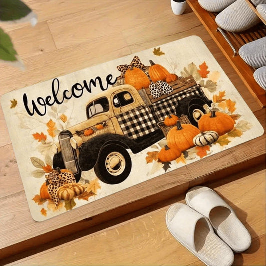 Vintage plaid truck and pumpkin fall flannel mat for indoor autumn decor