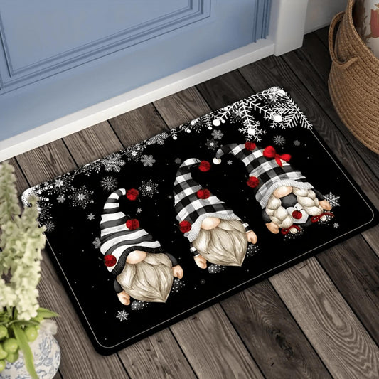 Black Plaid Christmas Gnomes Flannel Mat