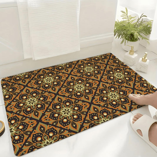 Rust Orange Floral Tile Flannel Mat