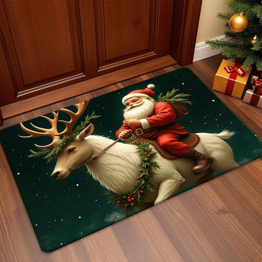 Santa Riding Reindeer Christmas Flannel Mat