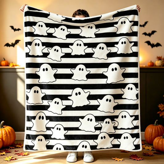 Halloween Ghost Striped Flannel Throw Blanket