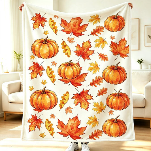 Fall Maple Leaf & Pumpkin Fleece Throw Blanket
