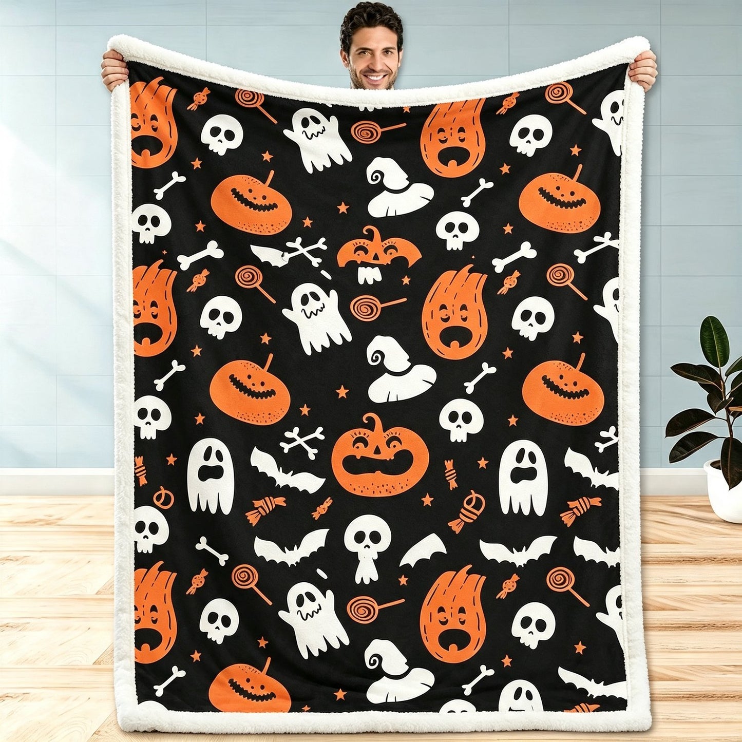 Spooky Ghost Pumpkin & Bat Plush Throw Blanket