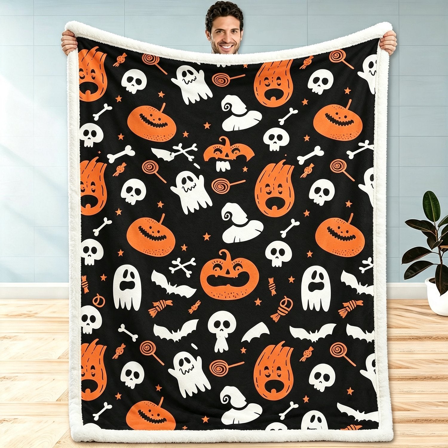 Spooky Ghost Pumpkin & Bat Plush Throw Blanket