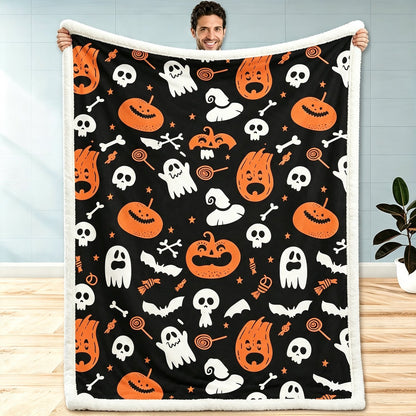 Spooky Ghost Pumpkin & Bat Plush Throw Blanket