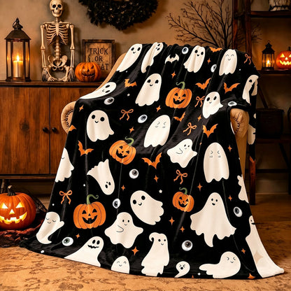 Cute Ghost & Pumpkin Halloween Flannel Throw Blanket