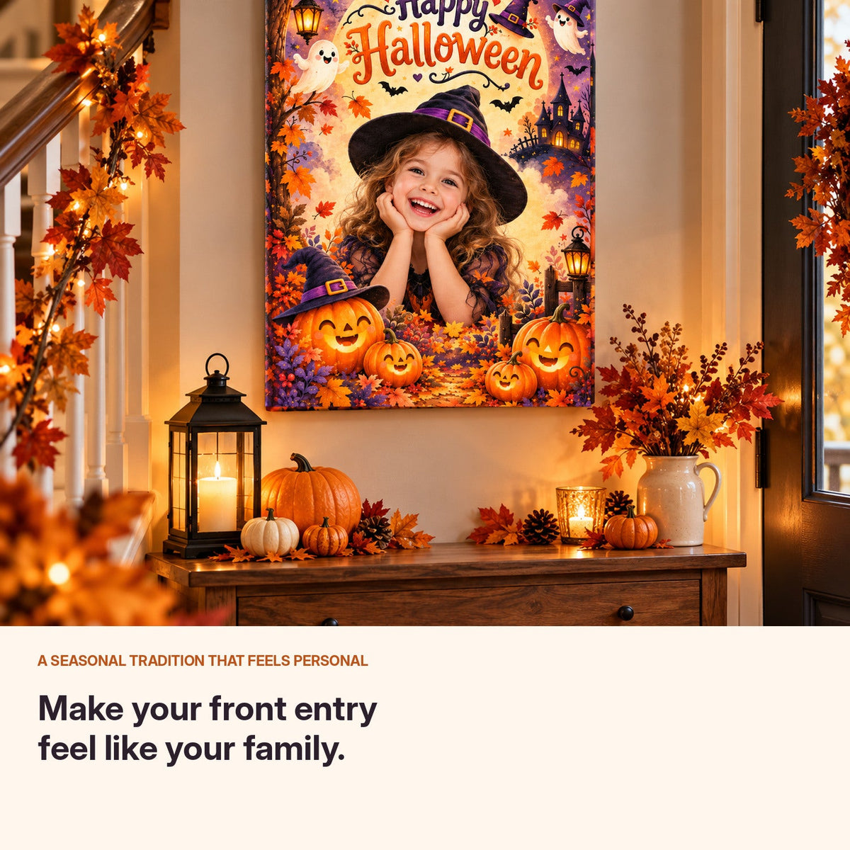 American entryway with personalized Halloween child photo canvas