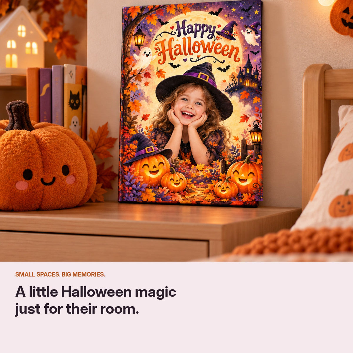 Personalized kids Halloween canvas in a small bedroom