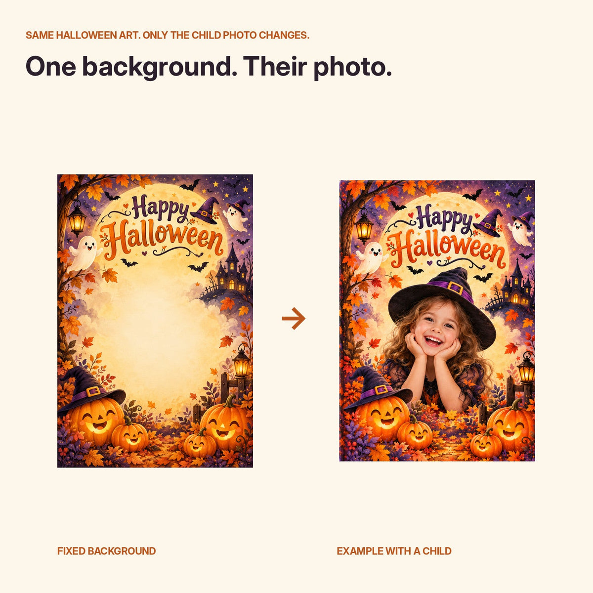 Blank fixed Halloween canvas template compared with child photo sample