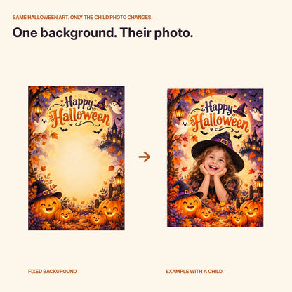 Blank fixed Halloween canvas template compared with child photo sample