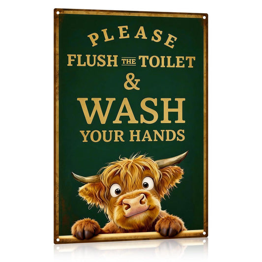 Please Flush and Wash Your Hands Cow Metal Sign