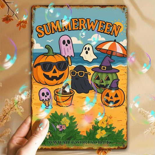 Halloween Beach Party Ghost Pumpkin Metal Sign