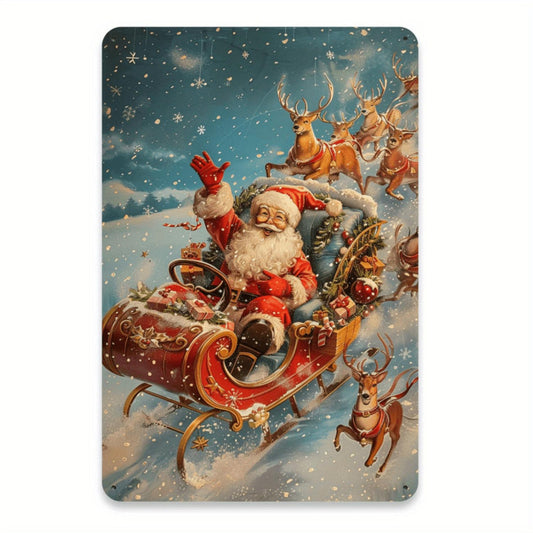 Vintage Santa Sleigh and Reindeer Metal Sign