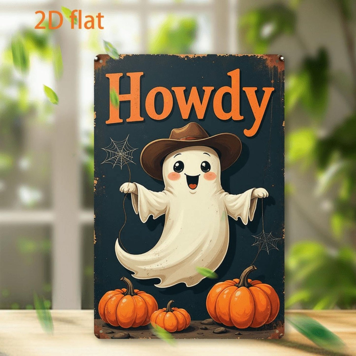 Howdy Cowboy Ghost Pumpkin Metal Sign