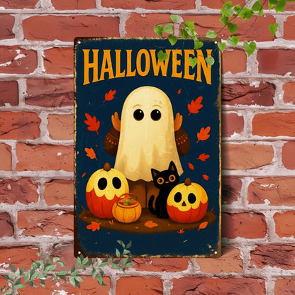 Cute Halloween Ghost Cat Pumpkin Metal Sign