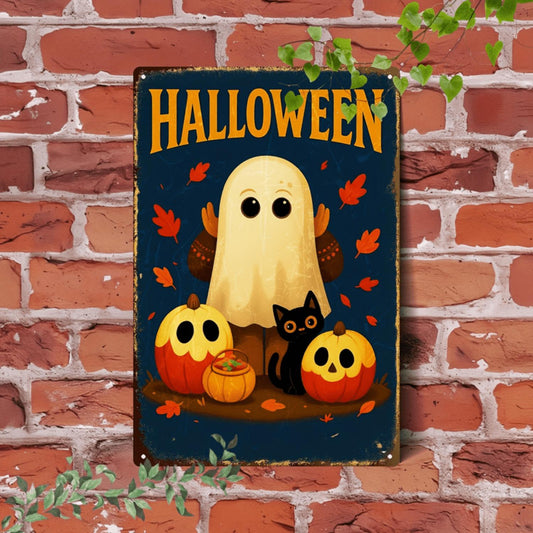 Cute Halloween Ghost Cat Pumpkin Metal Sign
