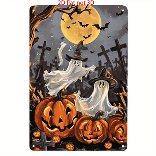 Moonlit Ghost Pumpkin Graveyard Metal Sign