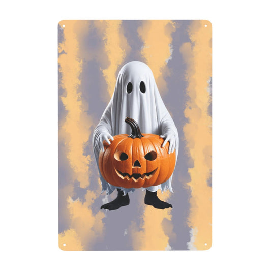 Ghost Holding Jack-O’-Lantern Metal Sign
