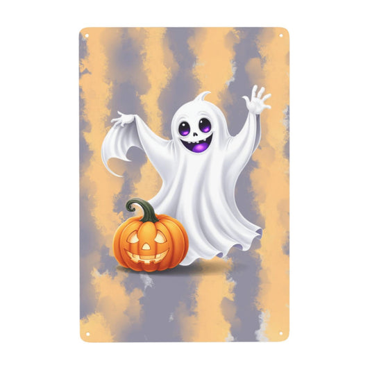 Cute Ghost & Jack-O’-Lantern Metal Sign
