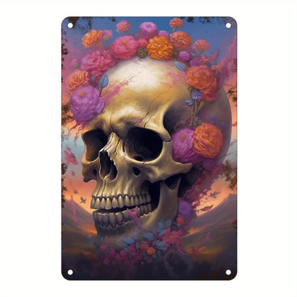 Vibrant Floral Skull Metal Sign