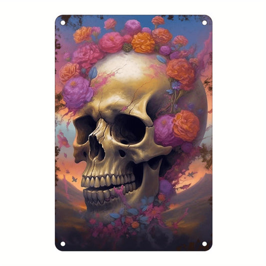 Vibrant Floral Skull Metal Sign