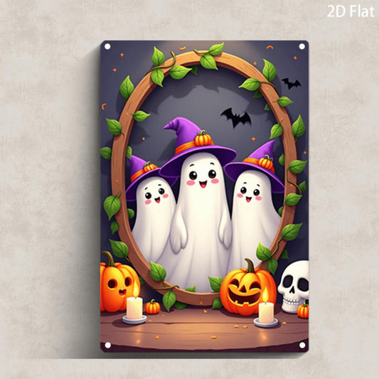 Cute Witch Ghost Trio Halloween Metal Sign