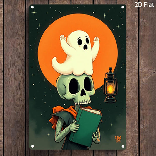 Ghost on Skull Moonlight Metal Sign