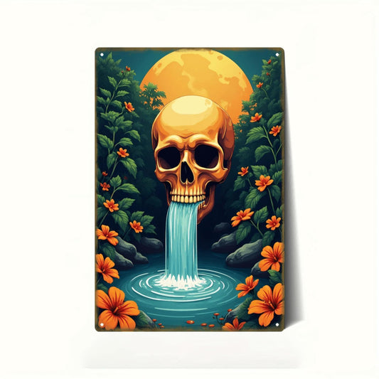 Moonlit Skull Waterfall Metal Sign