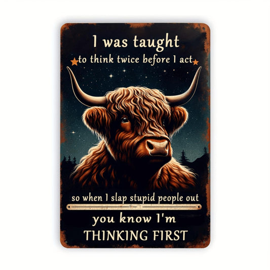 Think Twice Before I Act Highland Cow Metal Sign