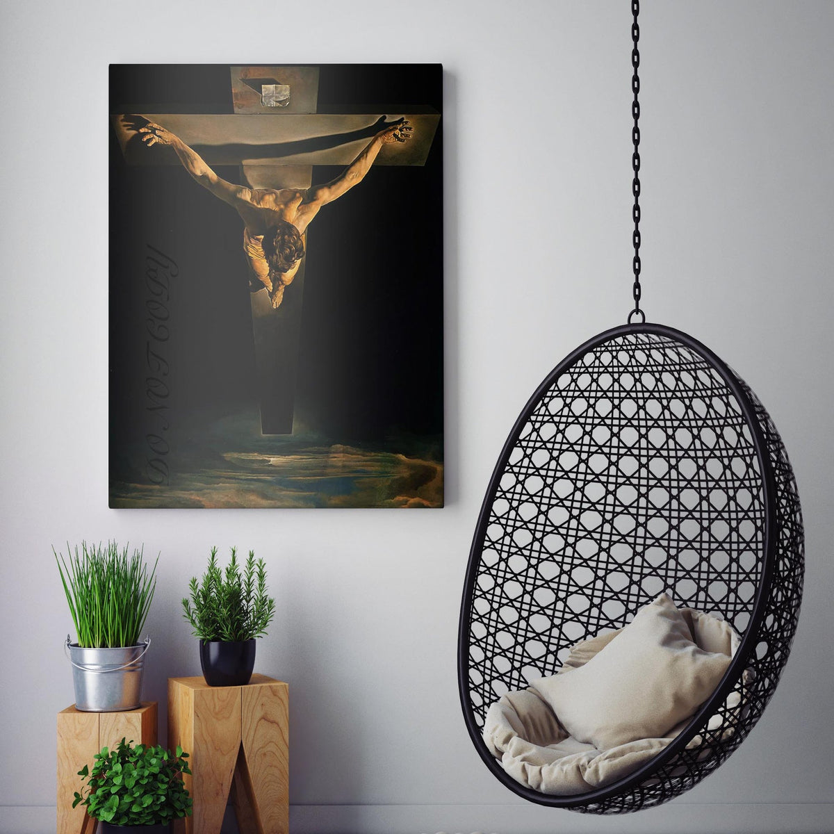 Christ of Saint John of the Cross canvas wall art displayed in a Christian home