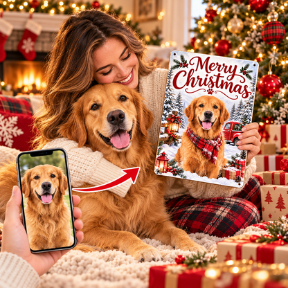 Christmas dog mom gift: personalized 8x12 metal sign held alongside a beloved golden retriever in a festive living room