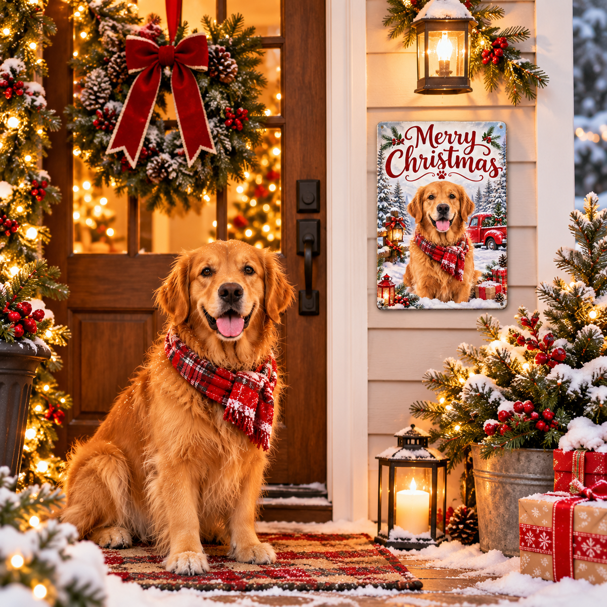 Christmas dog photo metal sign displayed on a home porch near the family dog and holiday wreath