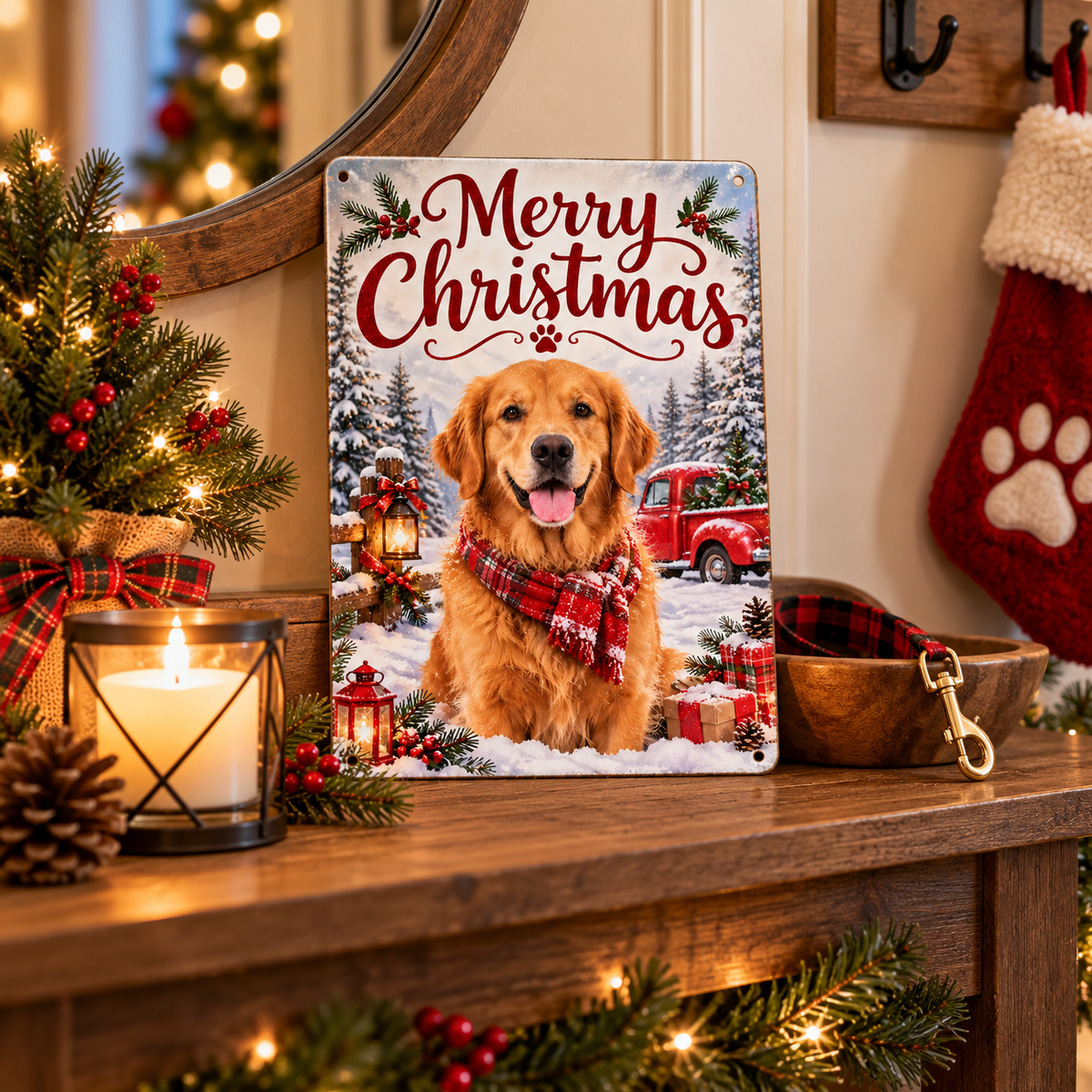 Personalized pet Christmas metal sign displayed in a warm home by the pet corner